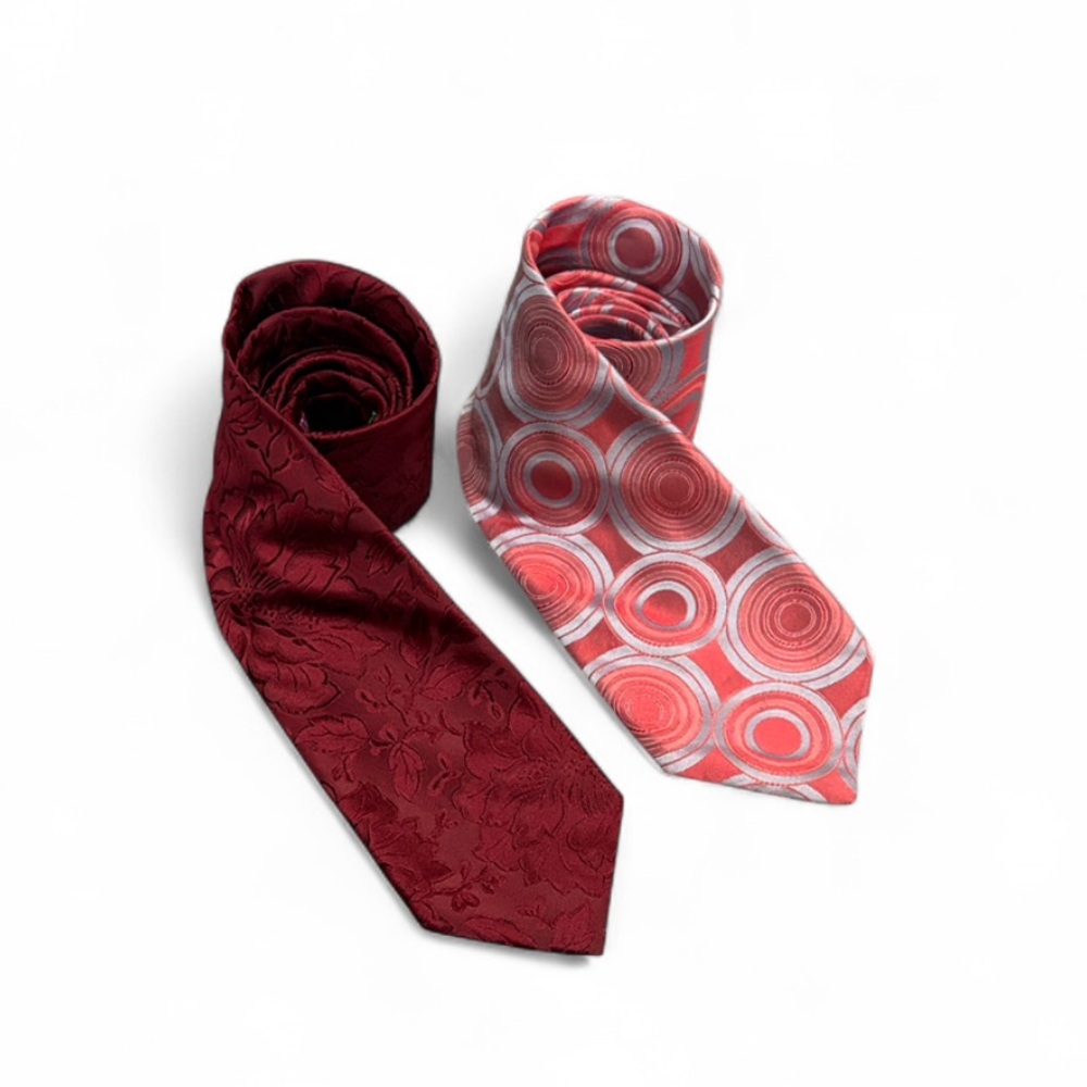 Paul Smith Silk Tie Duo in Red Tones- Floral Jacquard and Red Circular Design